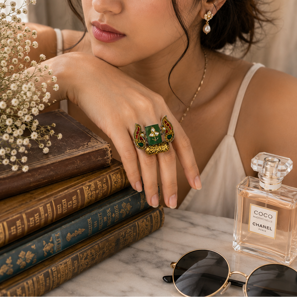 925 Silver Heritage Peacock Statement Ring with Green Jade & Kundan Design