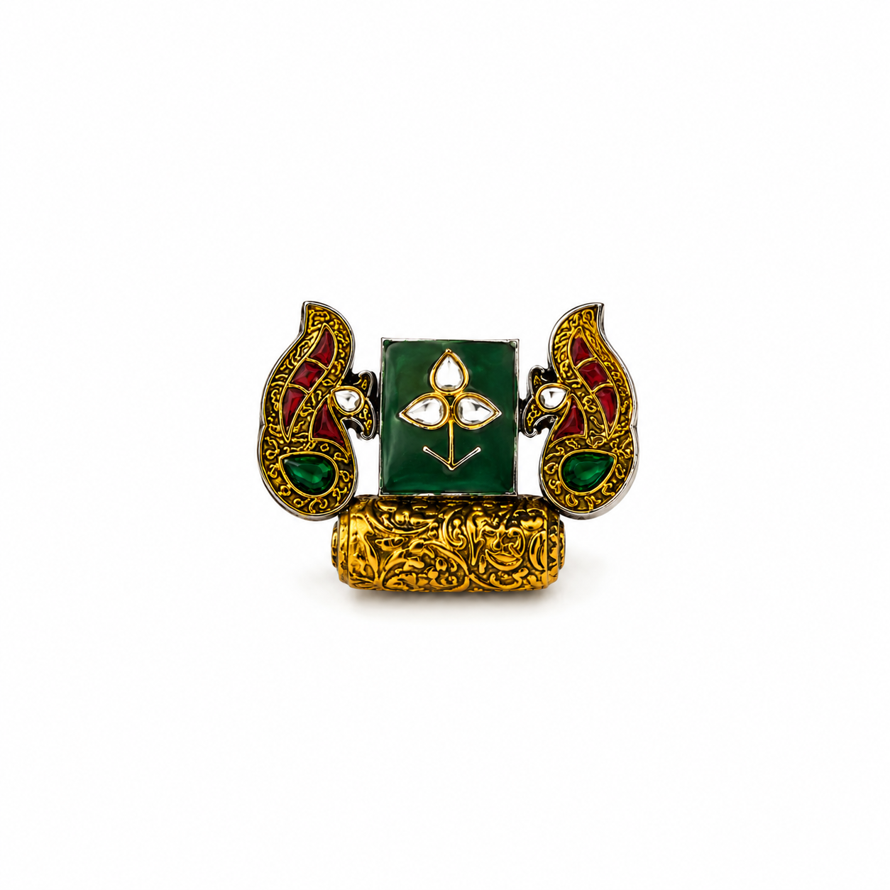 925 Silver Heritage Peacock Statement Ring with Green Jade & Kundan Design