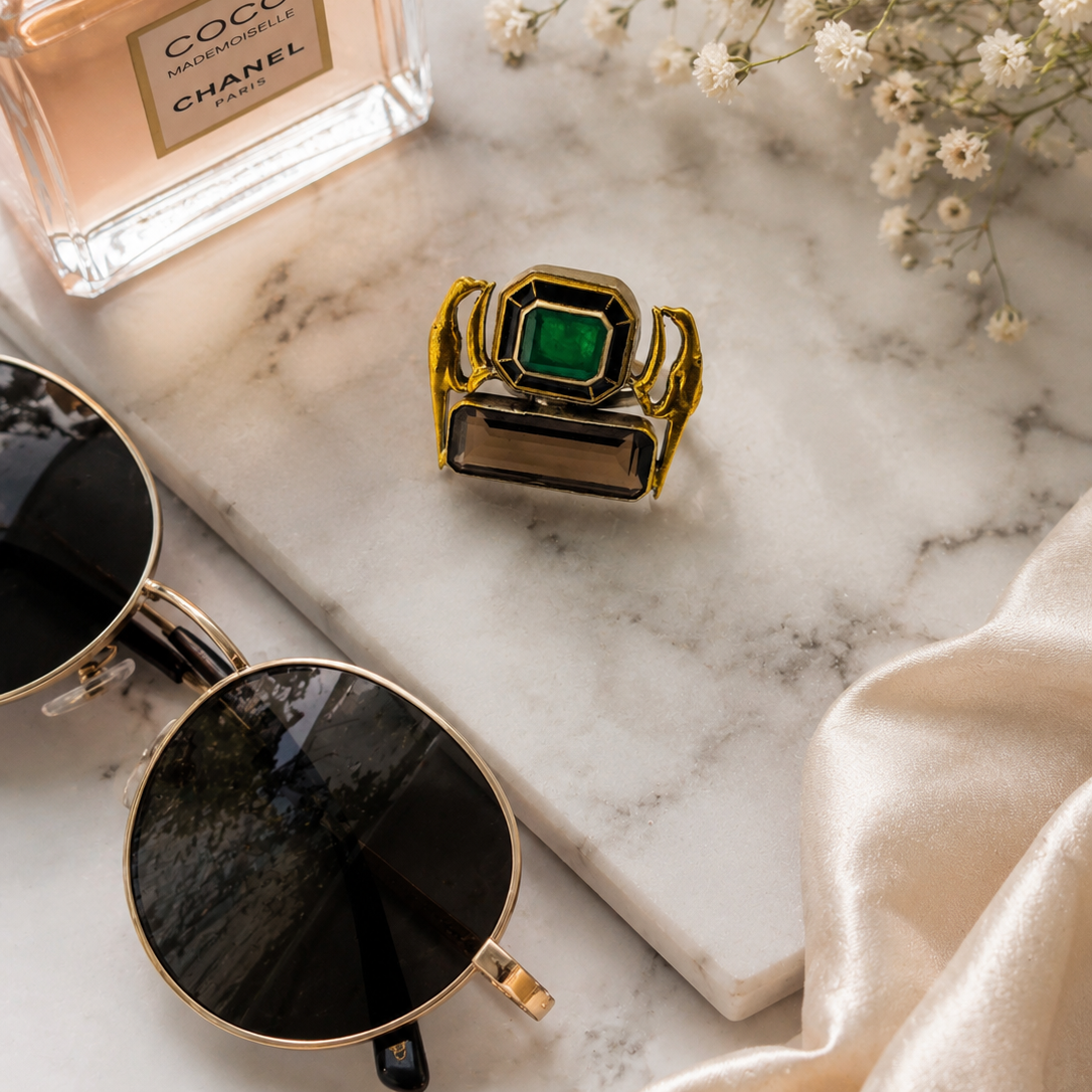 Handcrafted Emerald Green & Smoky Quartz Statement Ring
