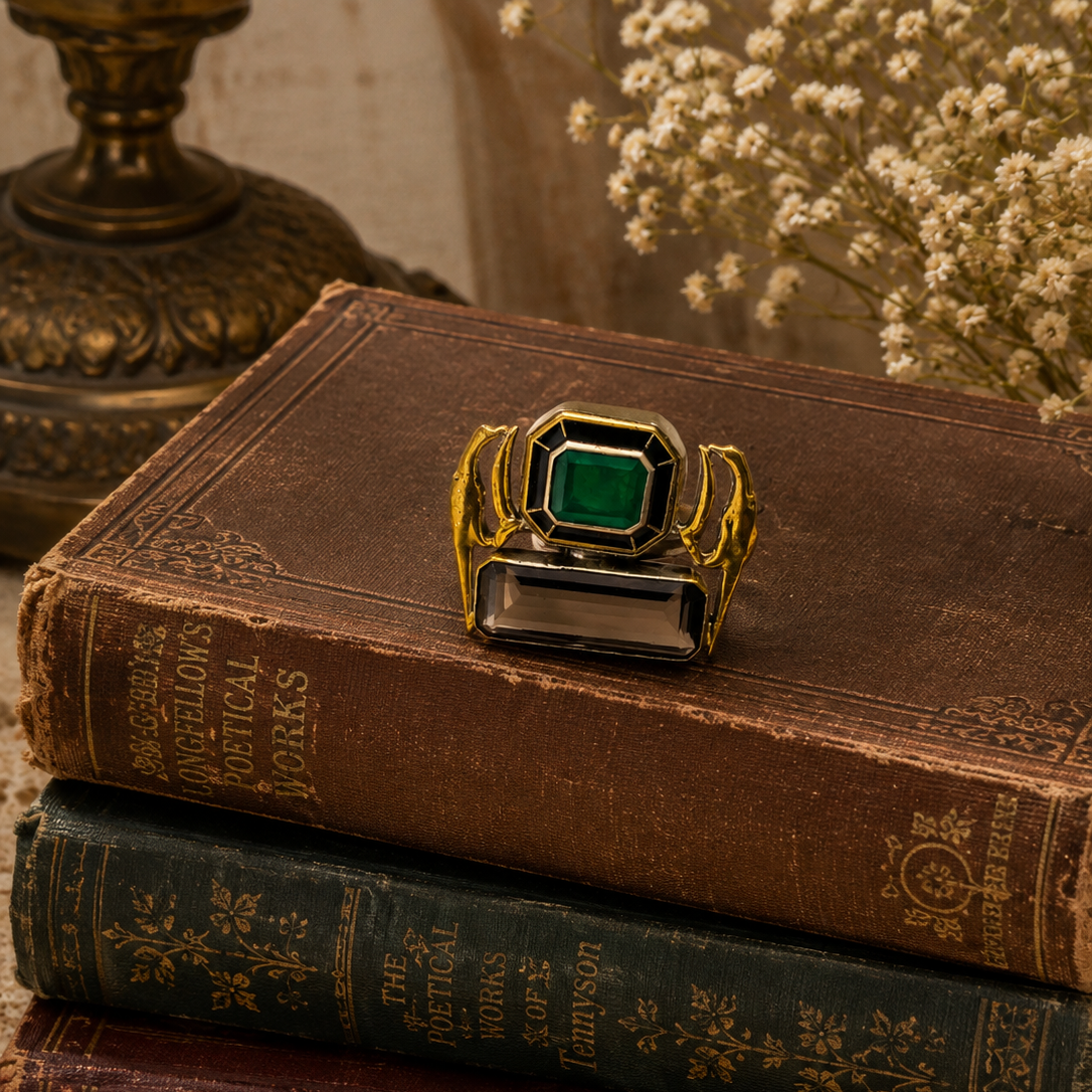 Handcrafted Emerald Green & Smoky Quartz Statement Ring