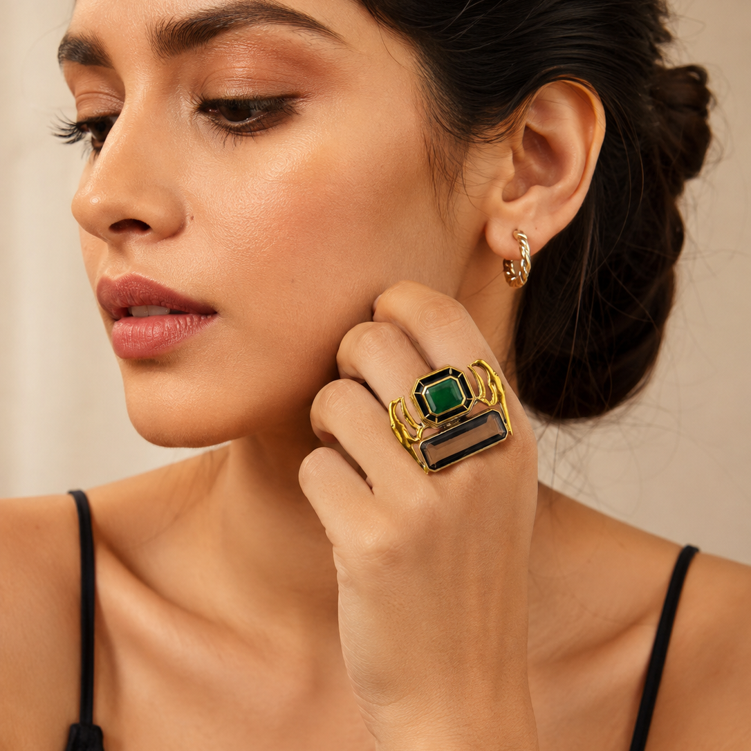 Handcrafted Emerald Green & Smoky Quartz Statement Ring