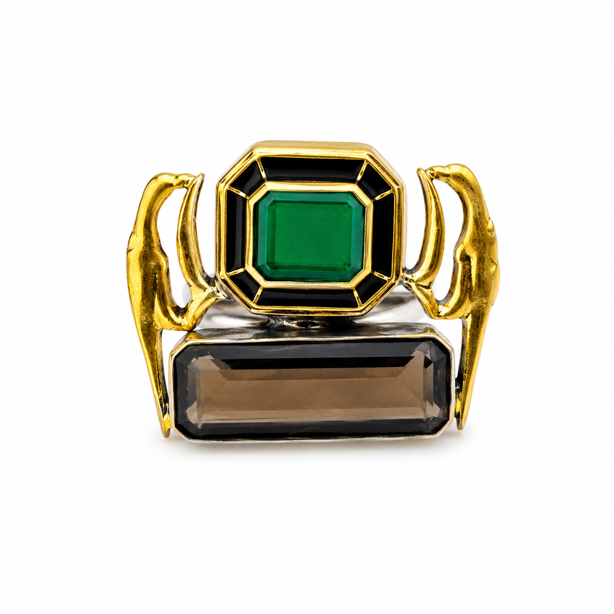 Handcrafted Emerald Green & Smoky Quartz Statement Ring