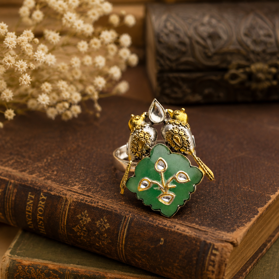 925 Silver Love Birds Statement Ring with Green Aventurine Leaf Design