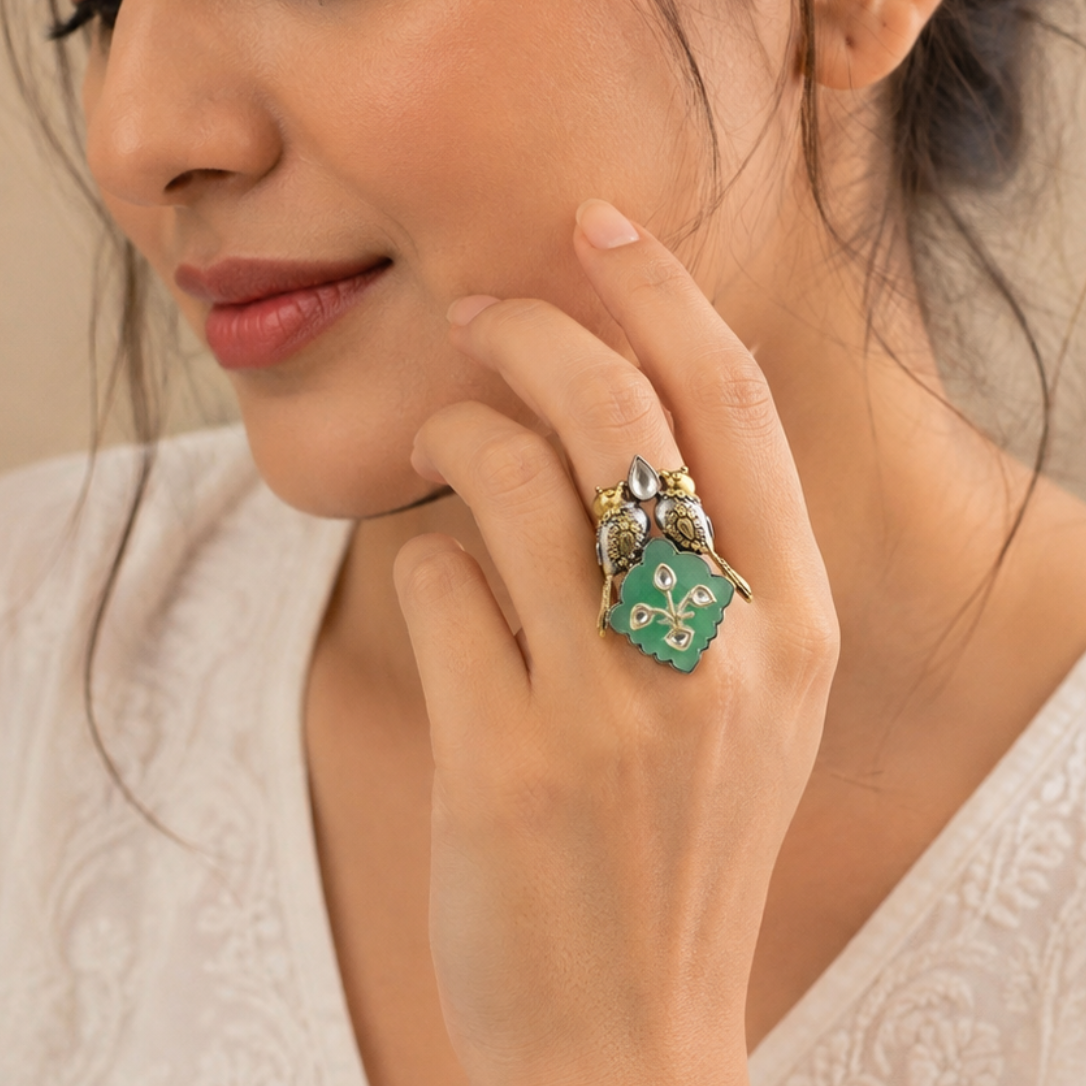 925 Silver Love Birds Statement Ring with Green Aventurine Leaf Design