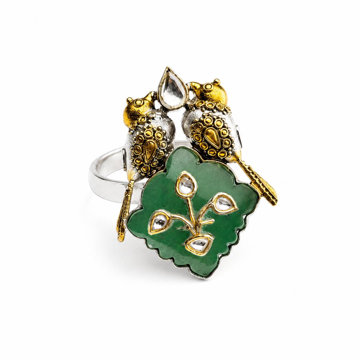 925 Silver Love Birds Statement Ring with Green Aventurine Leaf Design