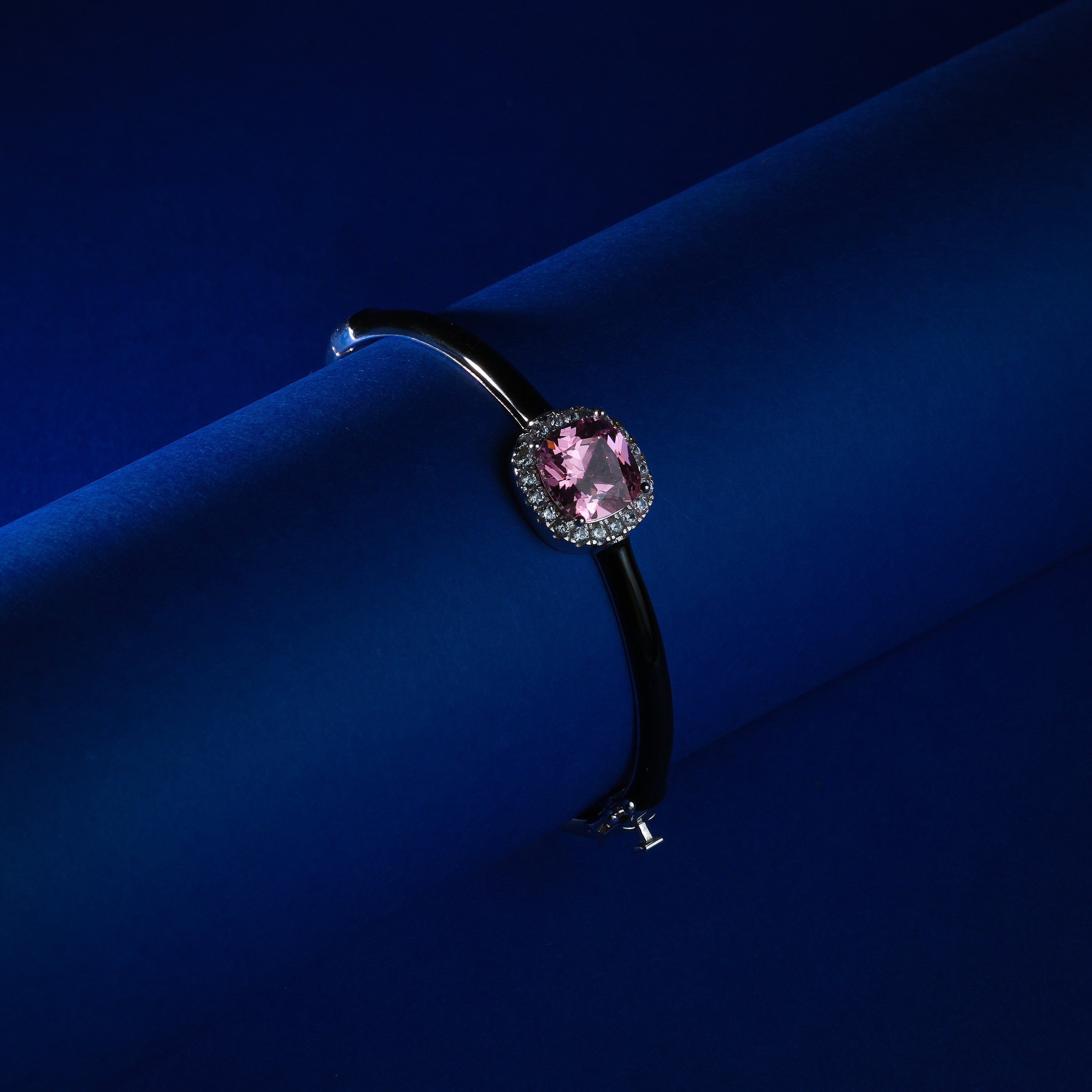 925 Silver Pink Stone Black Enamel Bangle Bracelet