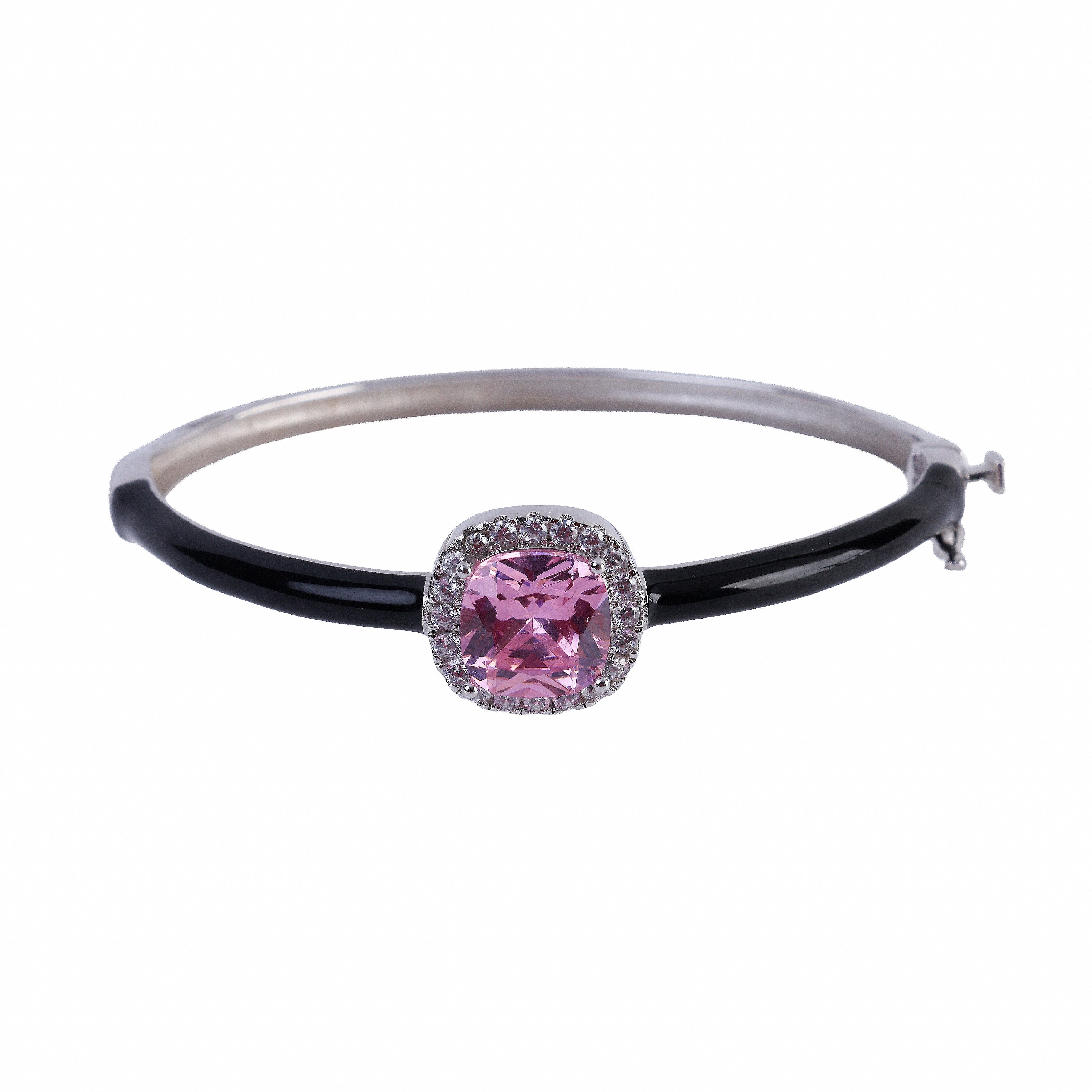 925 Silver Pink Stone Black Enamel Bangle Bracelet