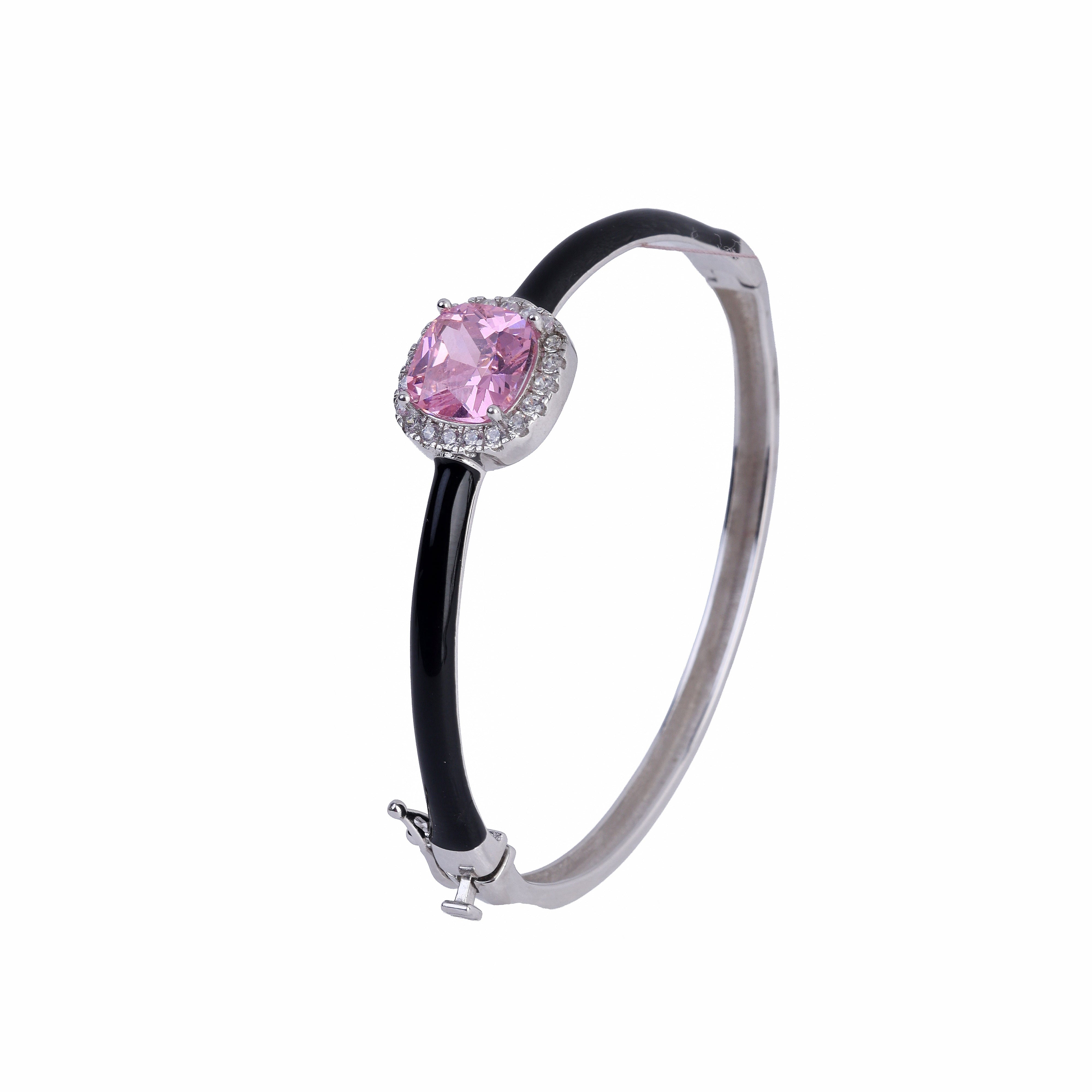 925 Silver Pink Stone Black Enamel Bangle Bracelet