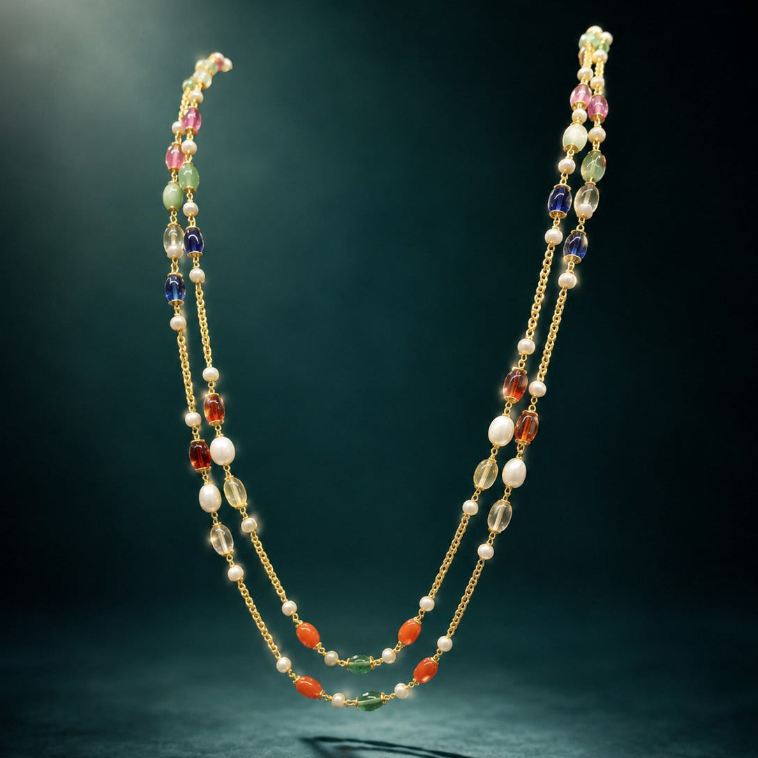 925  Silver Multicolor Gemstone & Freshwater Pearl Layered Chain