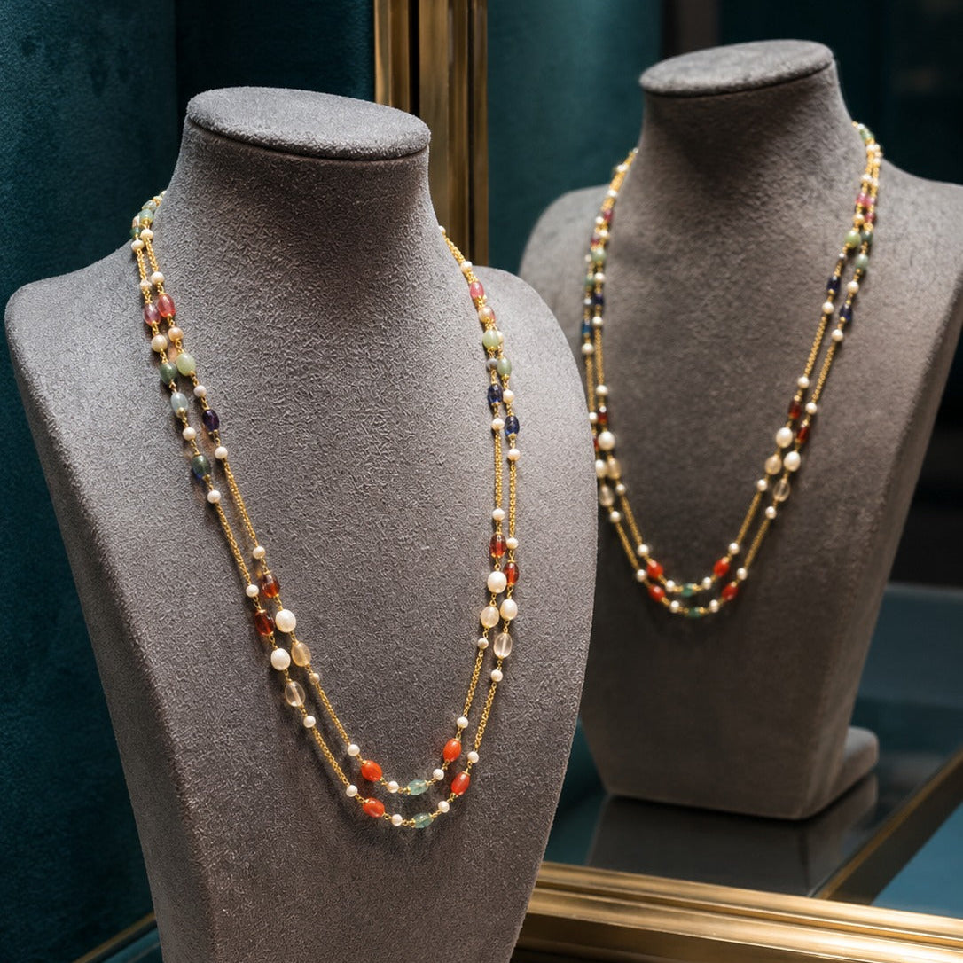 925  Silver Multicolor Gemstone & Freshwater Pearl Layered Chain