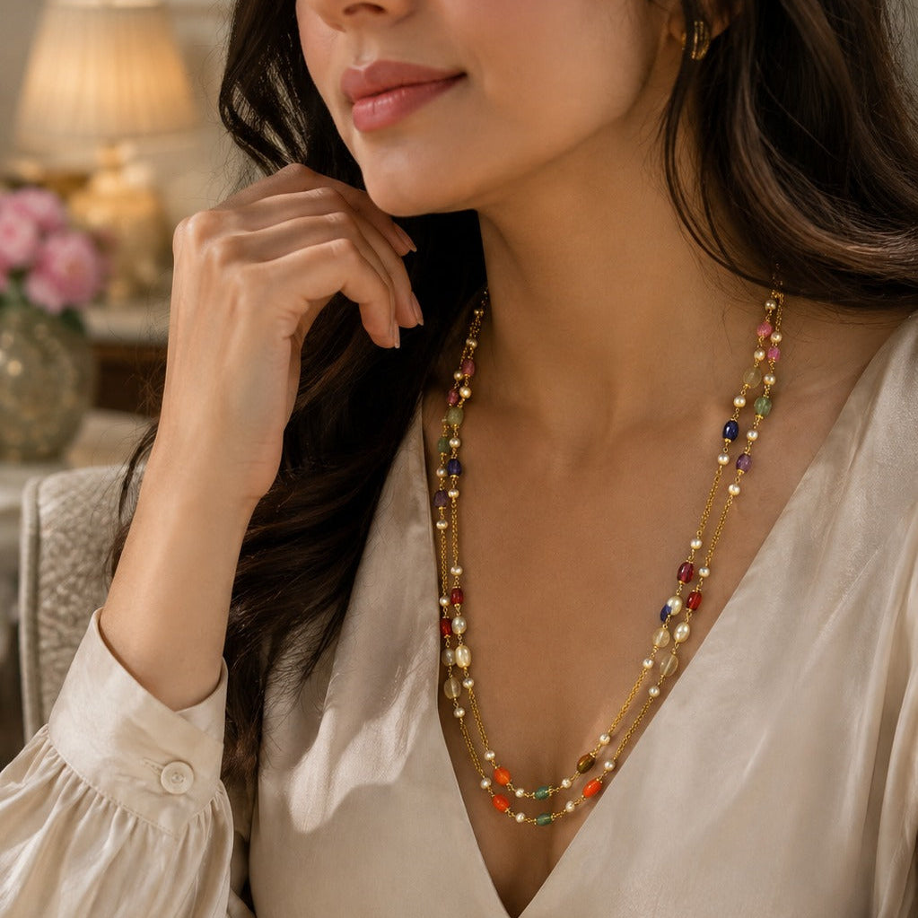 925  Silver Multicolor Gemstone & Freshwater Pearl Layered Chain
