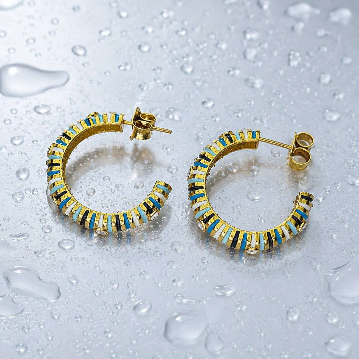 925 Sterling Silver Blue & White Enamel Hoop Earrings