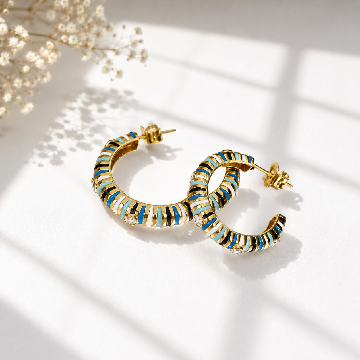 925 Sterling Silver Blue & White Enamel Hoop Earrings