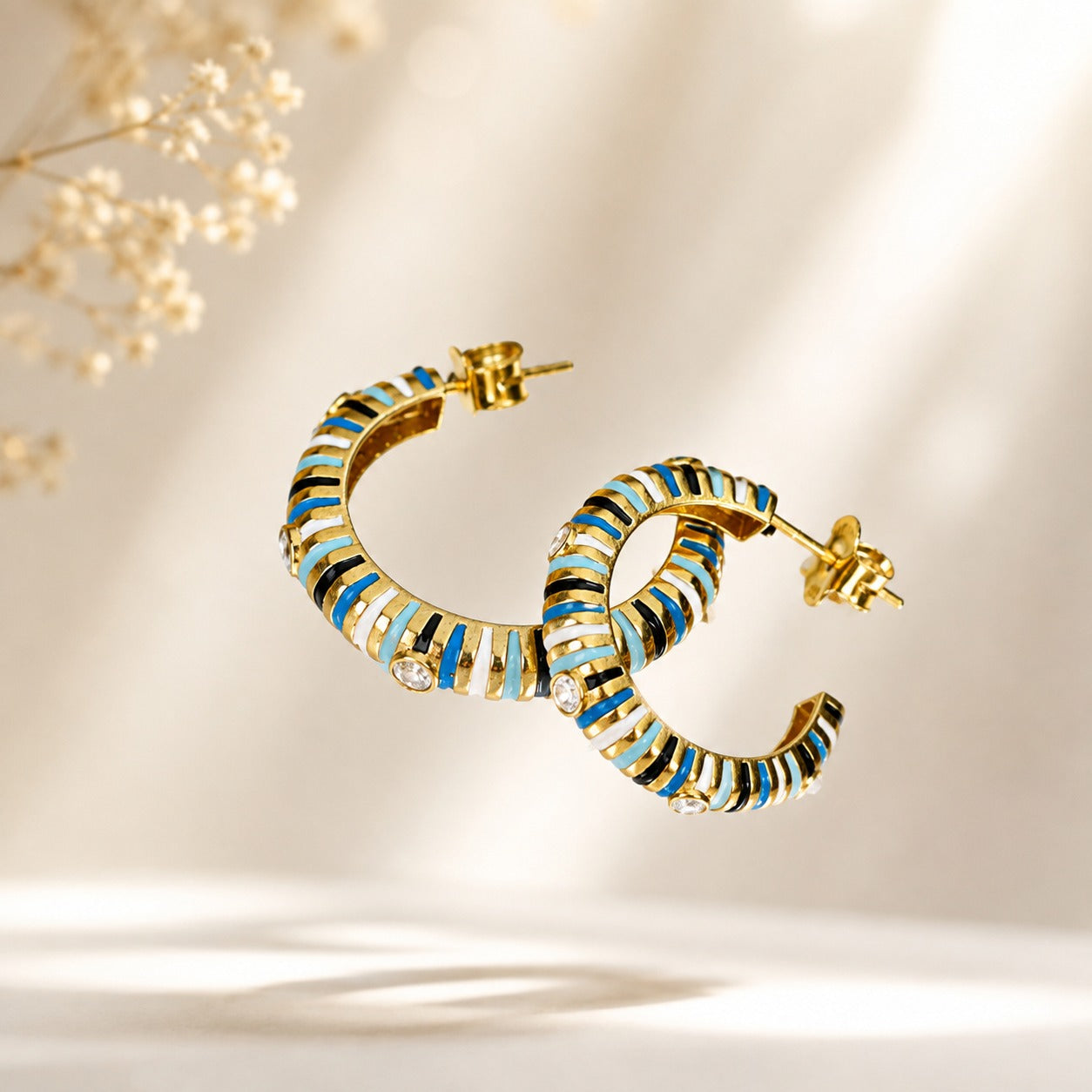 925 Sterling Silver Blue & White Enamel Hoop Earrings