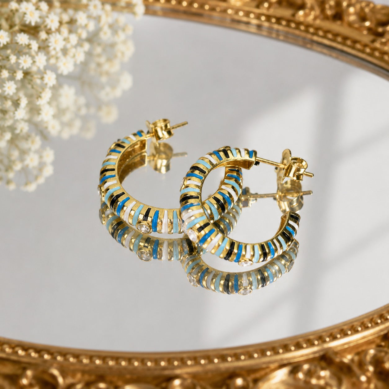 925 Sterling Silver Blue & White Enamel Hoop Earrings