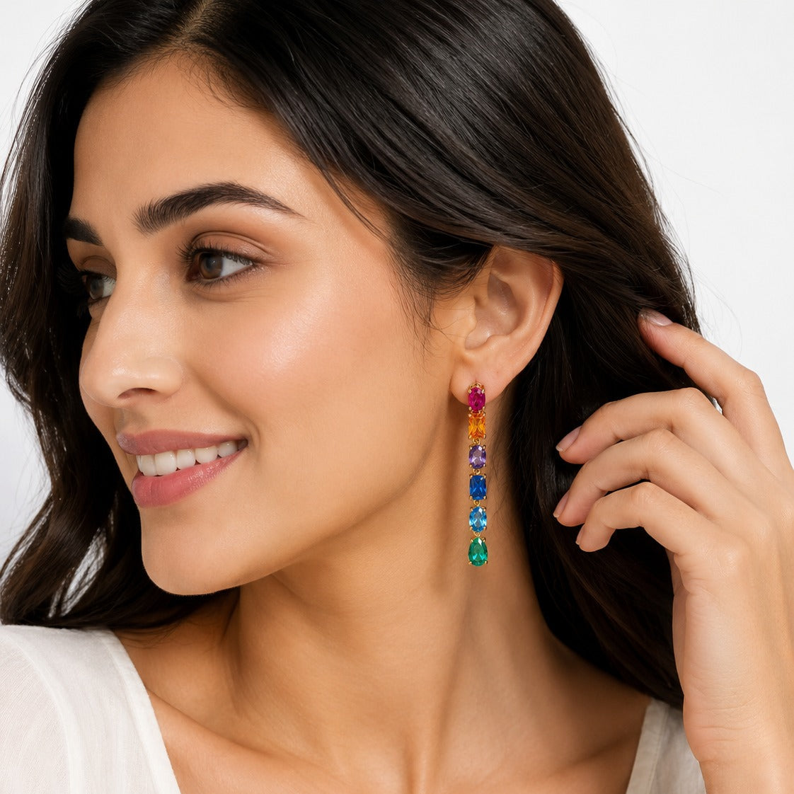 25 Silver Rainbow Multi-Color Gemstone Bar Drop Earrings