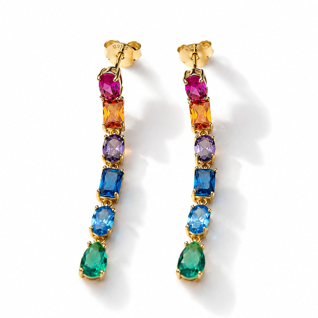 25 Silver Rainbow Multi-Color Gemstone Bar Drop Earrings
