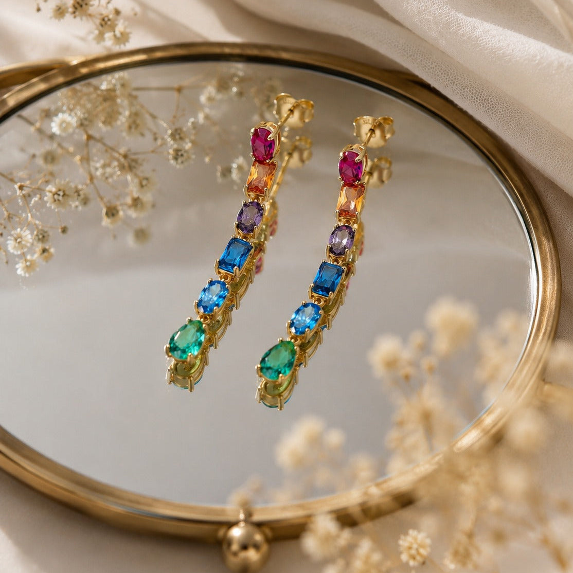 25 Silver Rainbow Multi-Color Gemstone Bar Drop Earrings