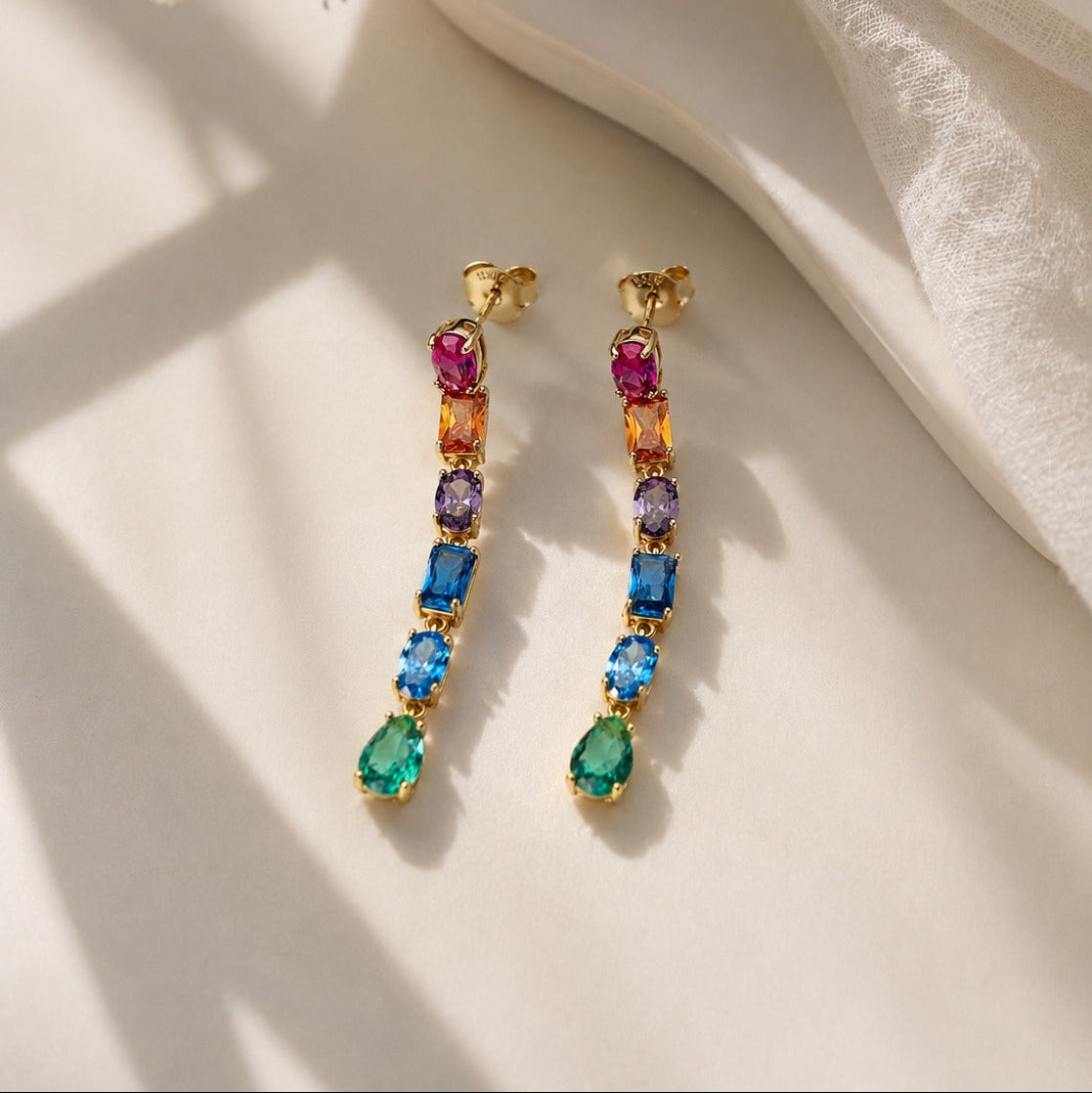 25 Silver Rainbow Multi-Color Gemstone Bar Drop Earrings