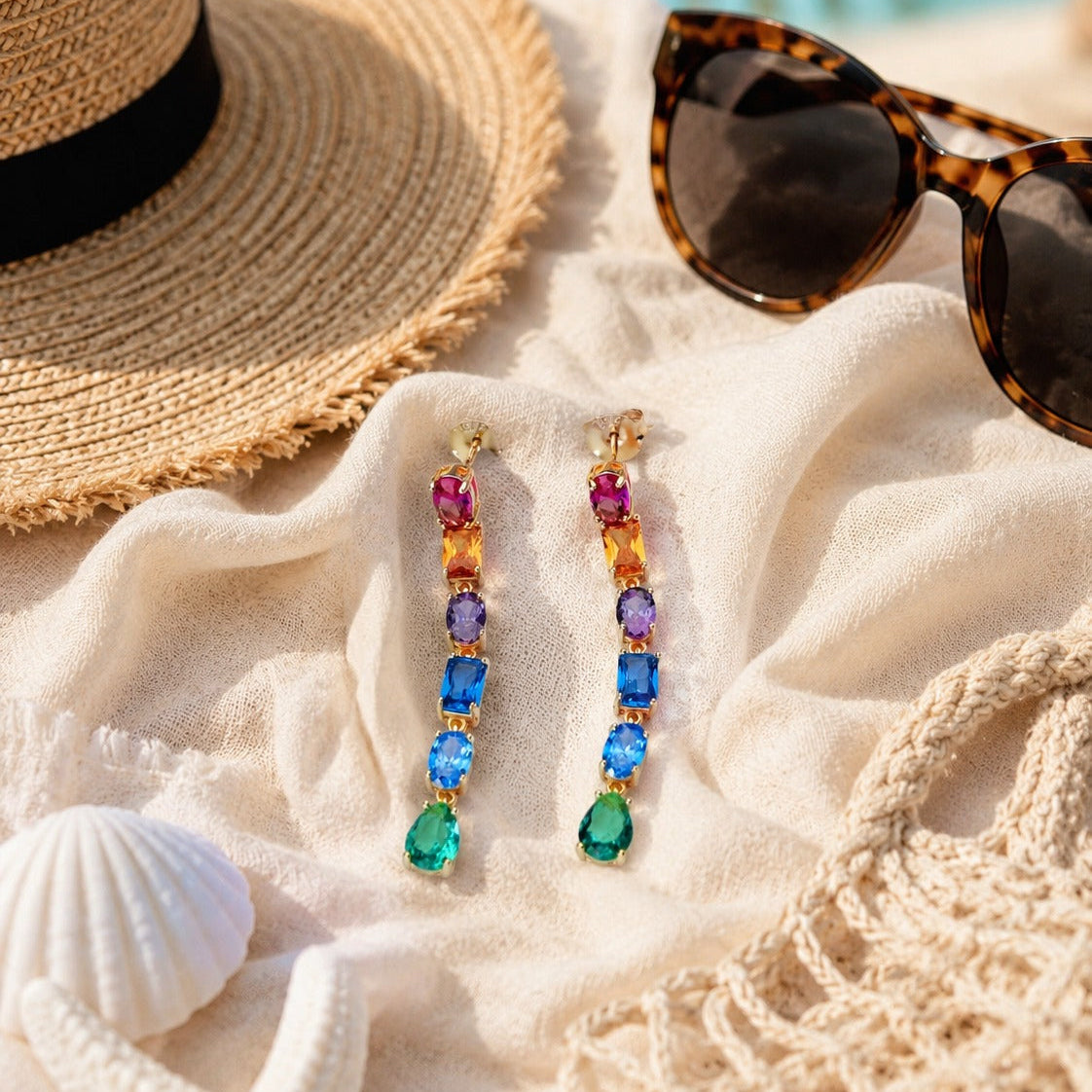 25 Silver Rainbow Multi-Color Gemstone Bar Drop Earrings