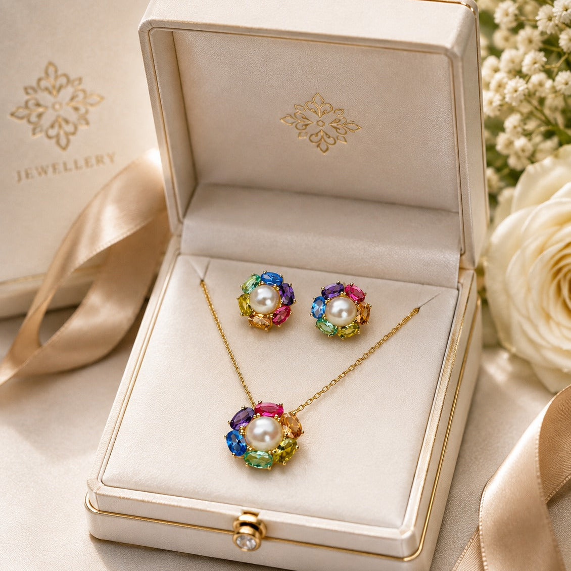 925  Silver Multicolor Gemstone Floral Pearl Pendant  for women