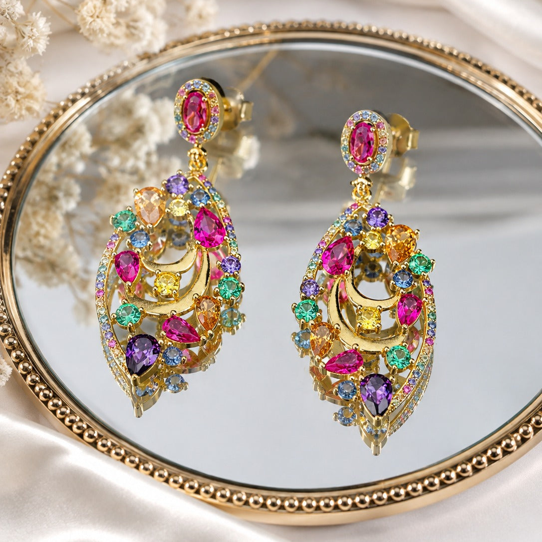 925 Silver Rainbow Multi-Color CZ Statement Drop Earrings