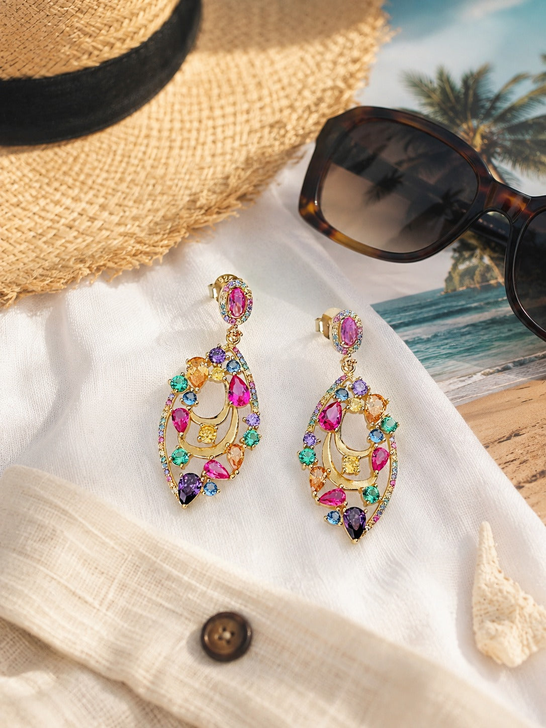 925 Silver Rainbow Multi-Color CZ Statement Drop Earrings