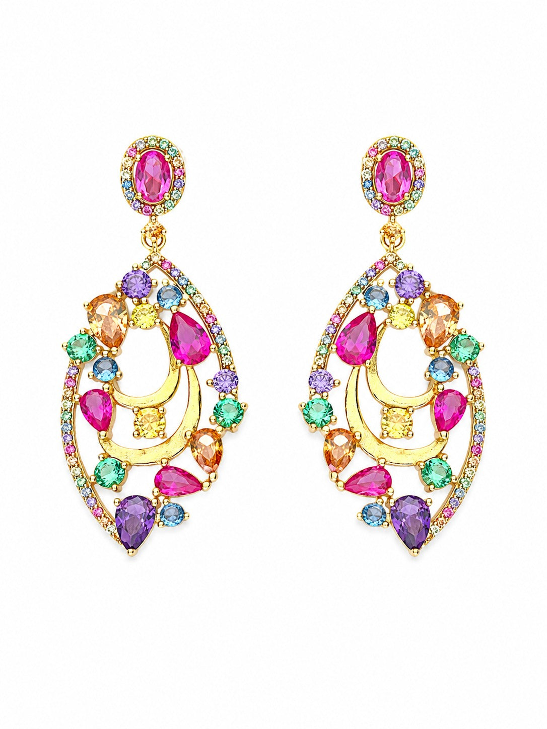 925 Silver Rainbow Multi-Color CZ Statement Drop Earrings