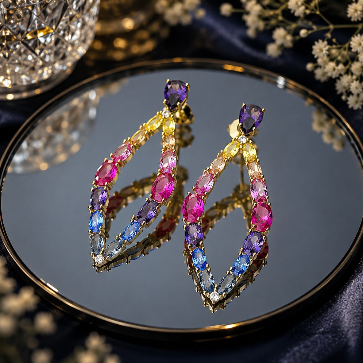 925 Silver Rainbow Multi-Color Gemstone Drop Earrings
