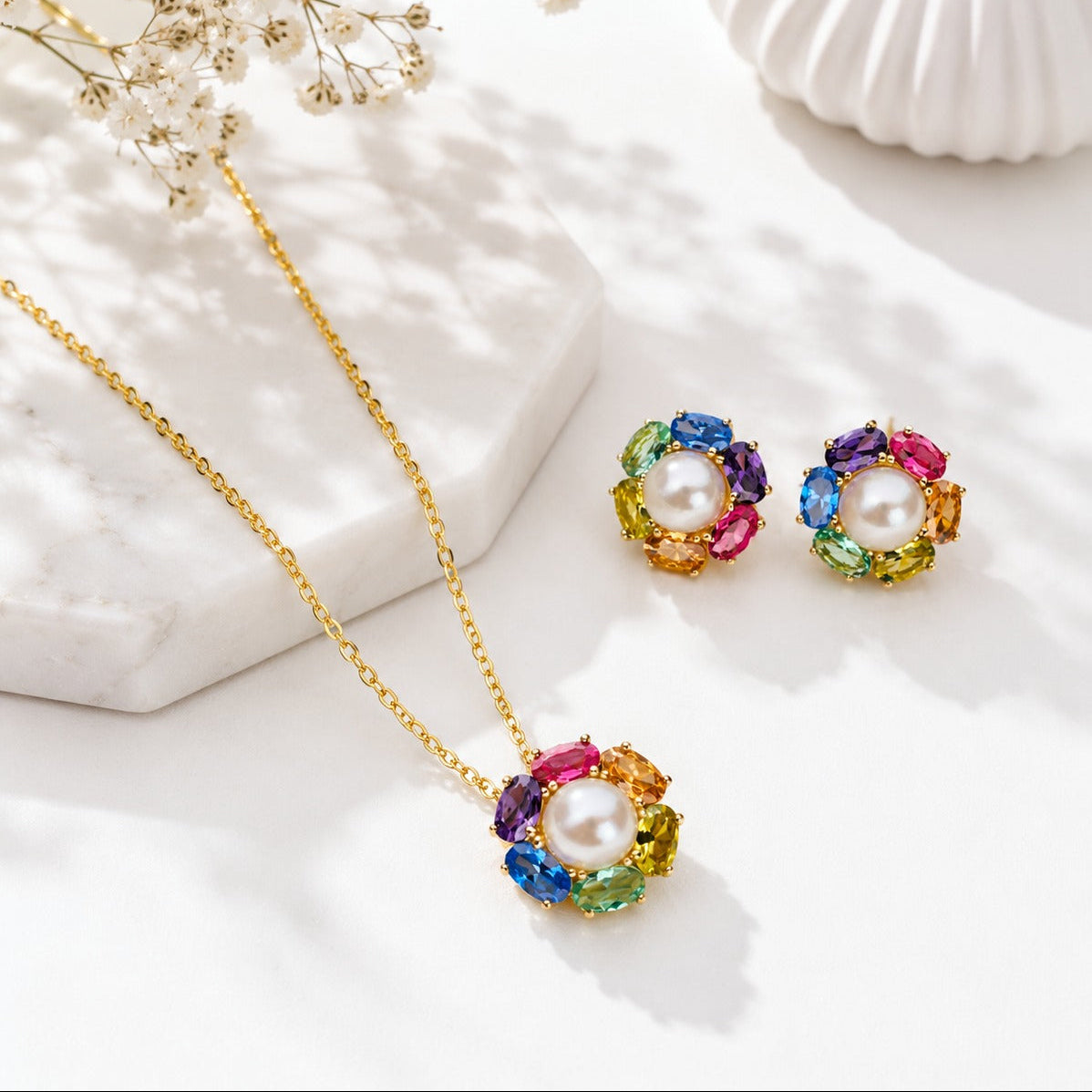925  Silver Multicolor Gemstone Floral Pearl Pendant  for women