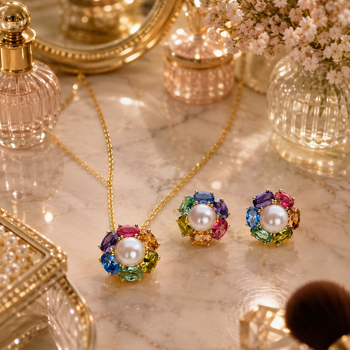 925  Silver Multicolor Gemstone Floral Pearl Pendant  for women