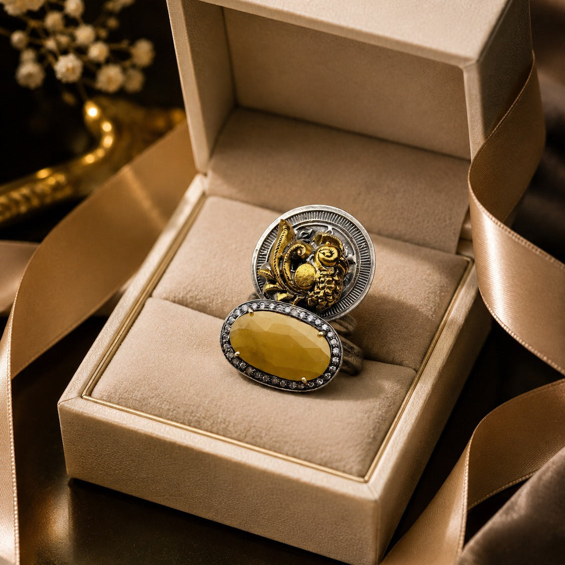 Oval Faceted Stone Floral Designer Adjustable Ring for Women