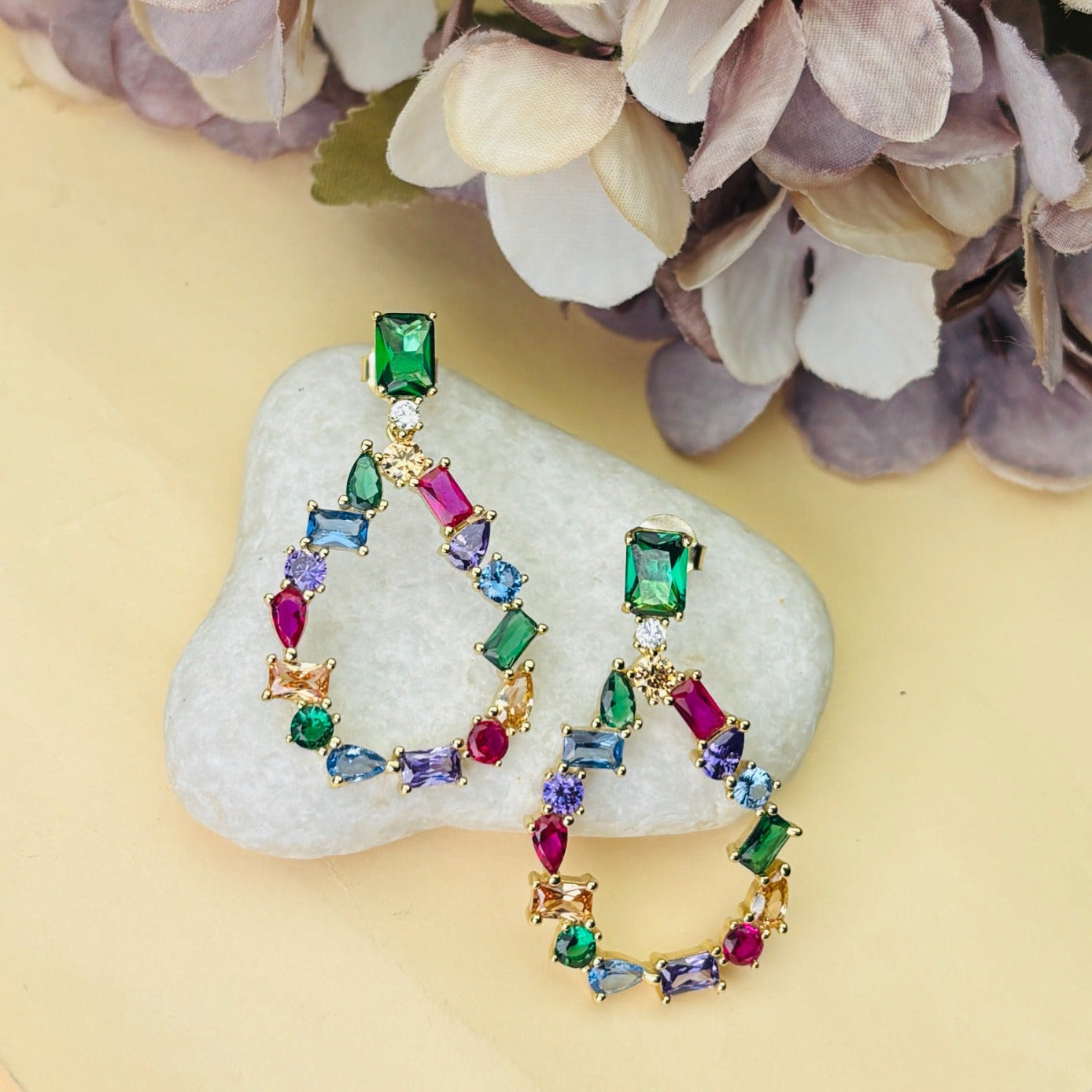 Gold Plated Rainbow CZ Designer Statement Earrings for Women