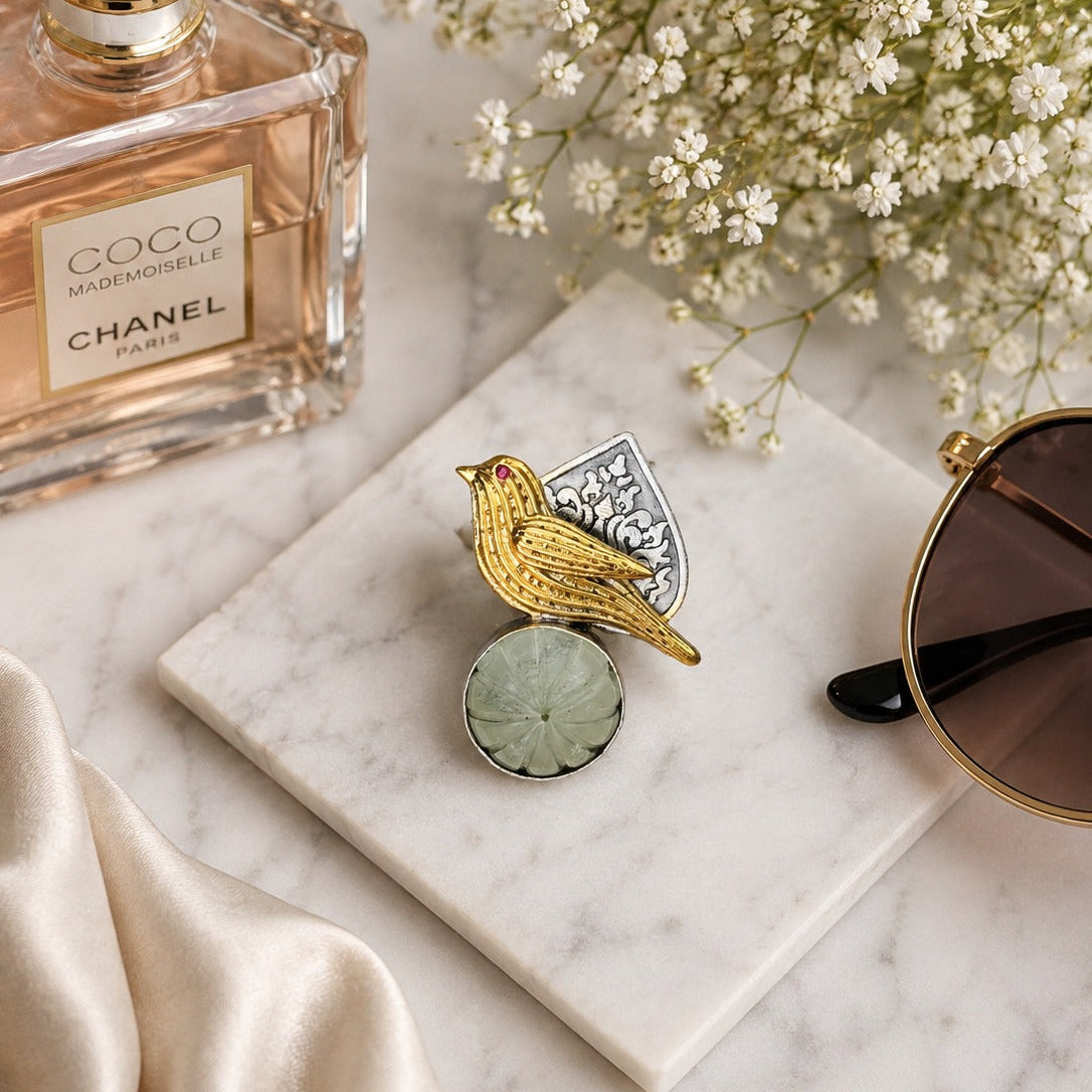 925 Silver Bird Statement Ring with Green Carved Stone & Gold-Plated Detailing