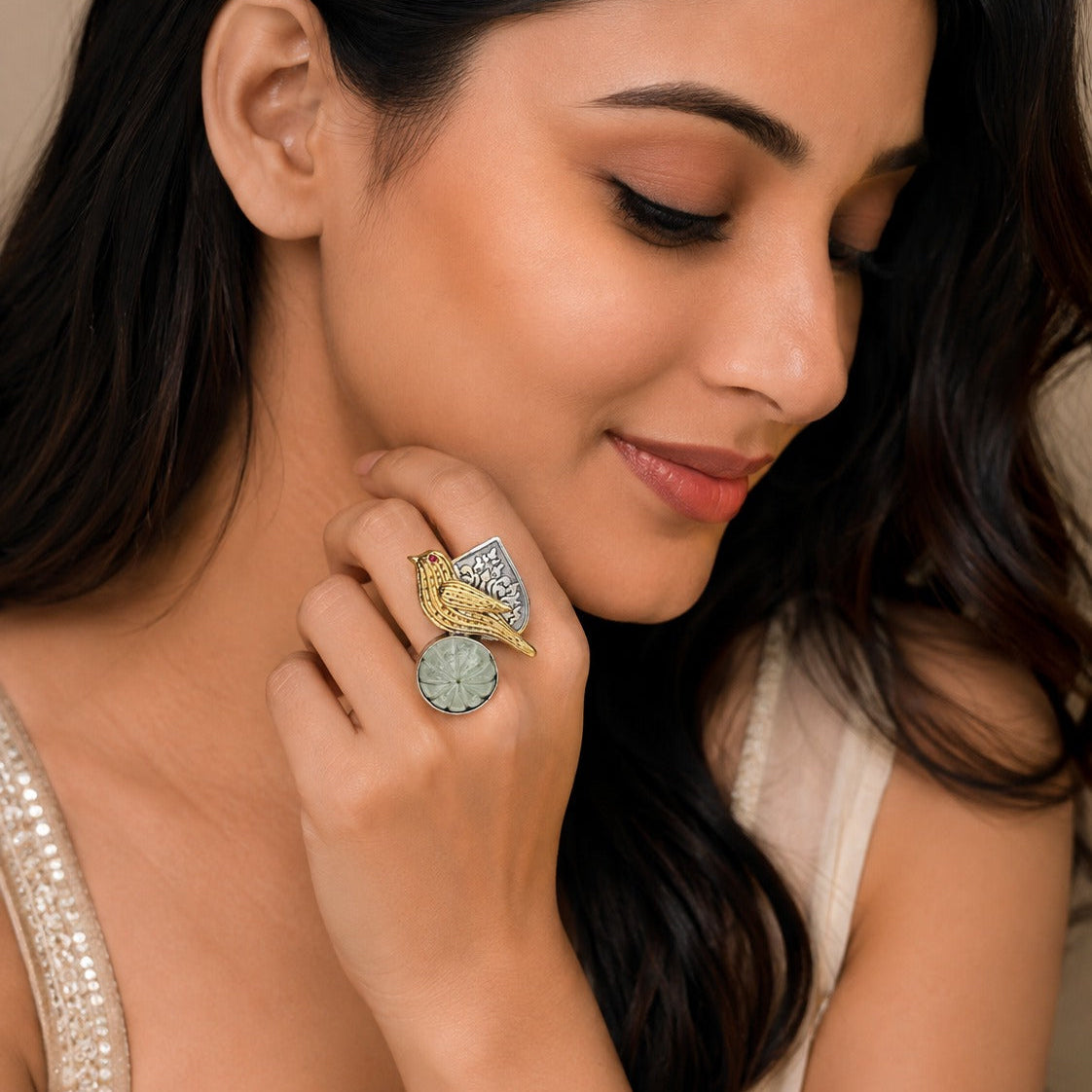 925 Silver Bird Statement Ring with Green Carved Stone & Gold-Plated Detailing
