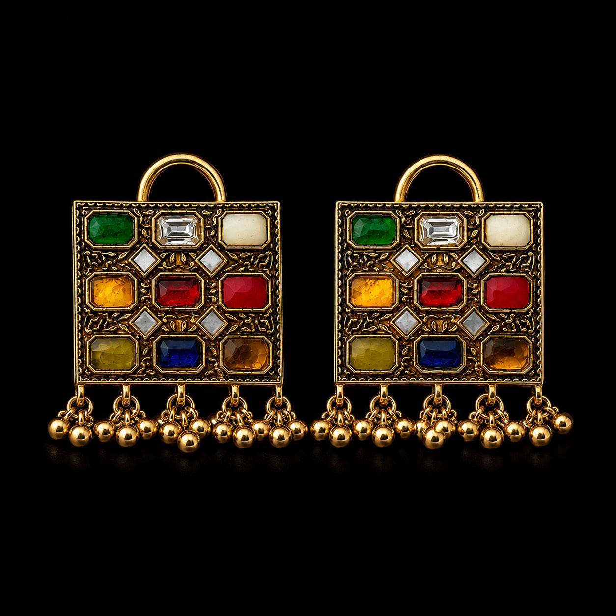 925 Silver Gold-Plated Navratna Inspired Square Drop Earrings for Women