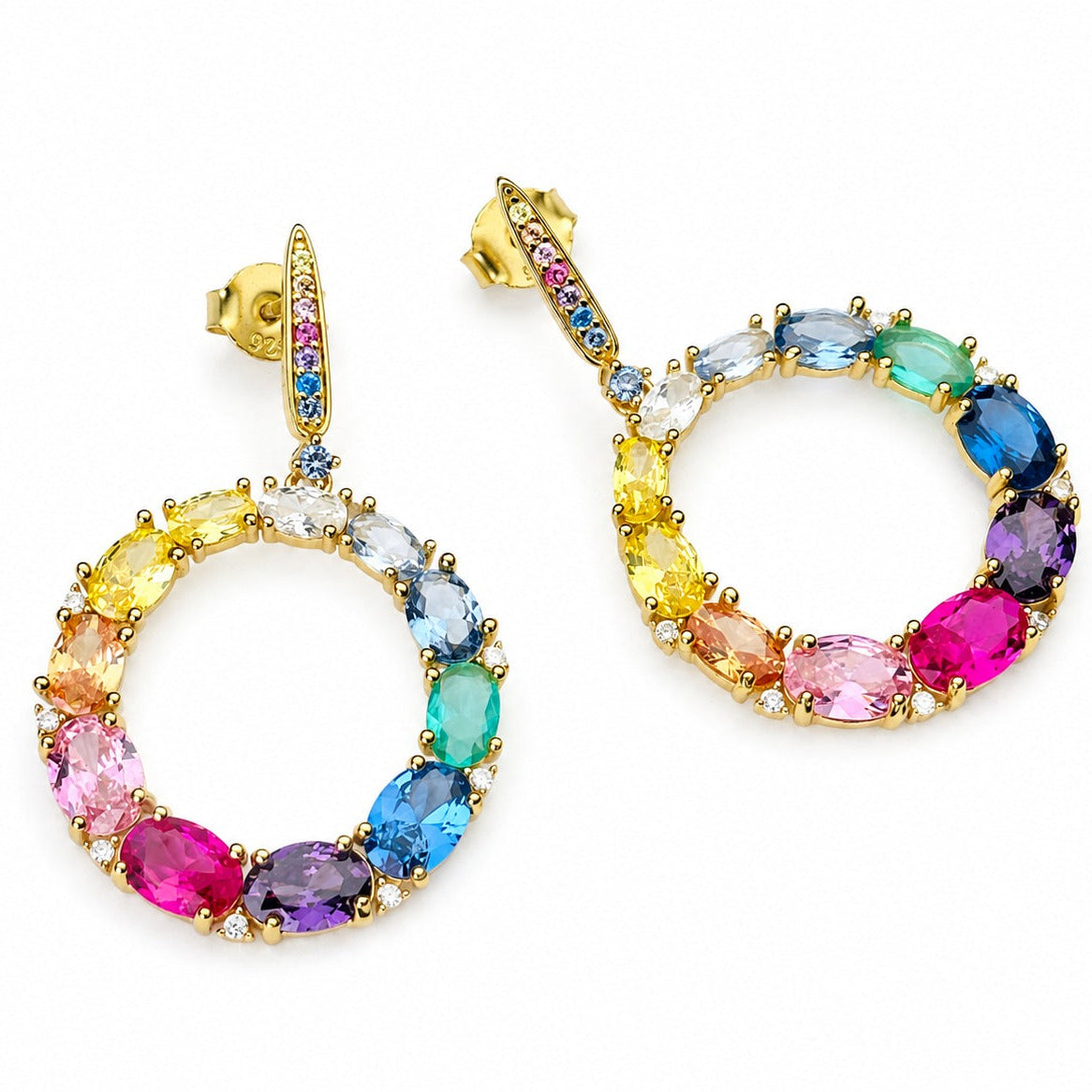 925  Silver Gold-Plated Rainbow Cubic Zirconia Open Circle Drop Earrings for Women