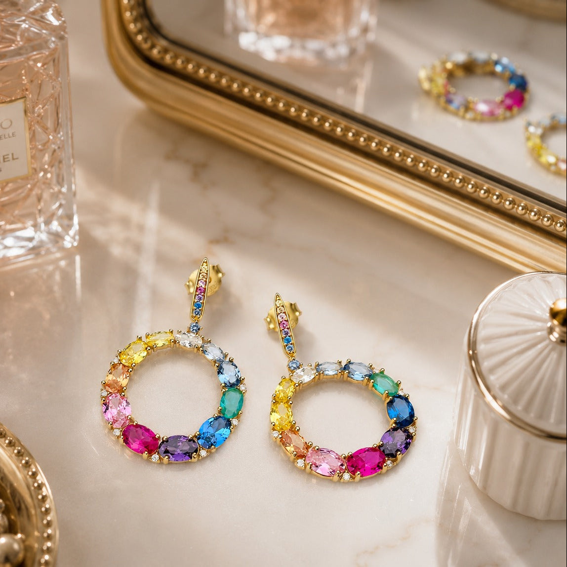925  Silver Gold-Plated Rainbow Cubic Zirconia Open Circle Drop Earrings for Women