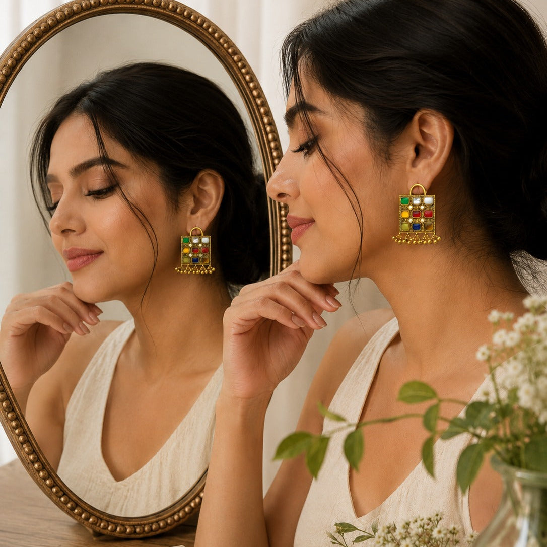 925 Silver Gold-Plated Navratna Inspired Square Drop Earrings for Women