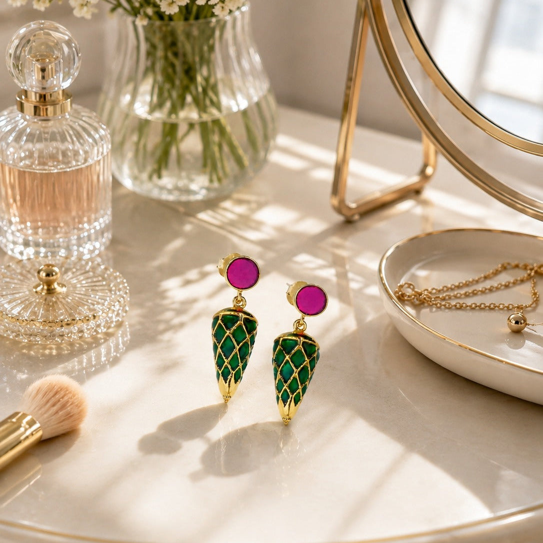925 Silver Green Enamel Cone Drop Earrings with Pink Round Stone