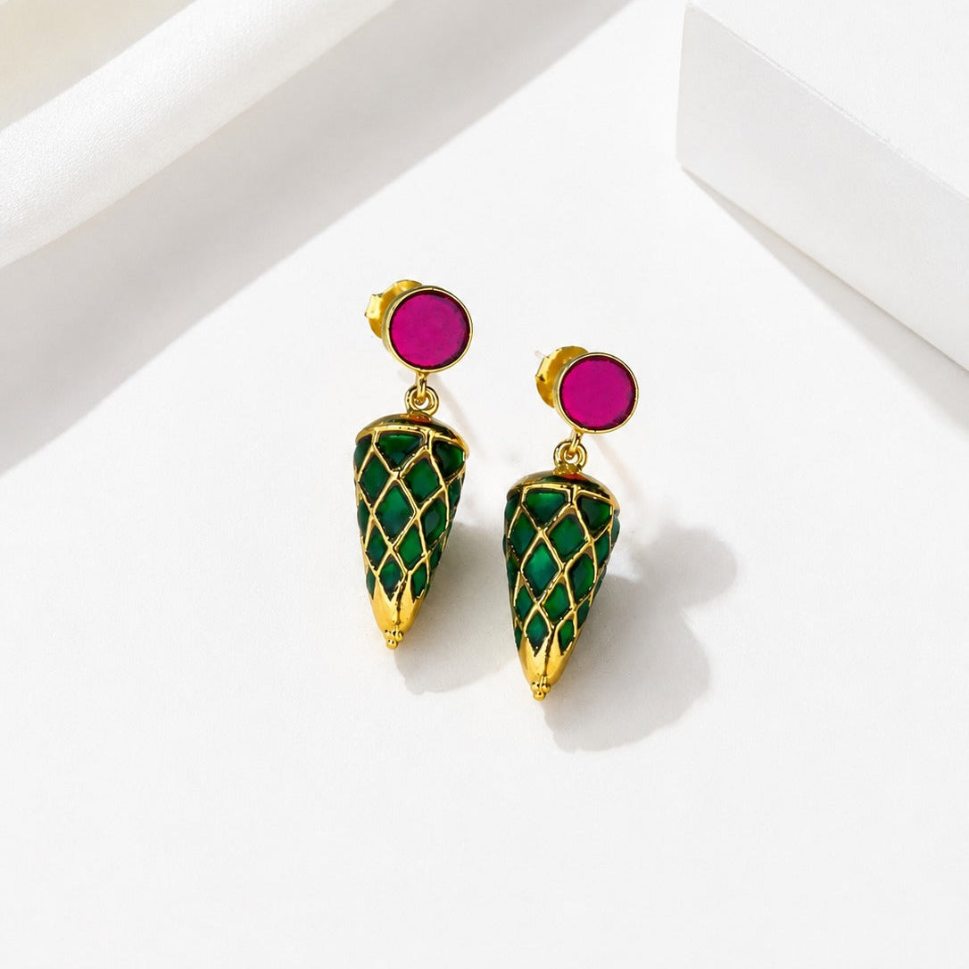 925 Silver Green Enamel Cone Drop Earrings with Pink Round Stone