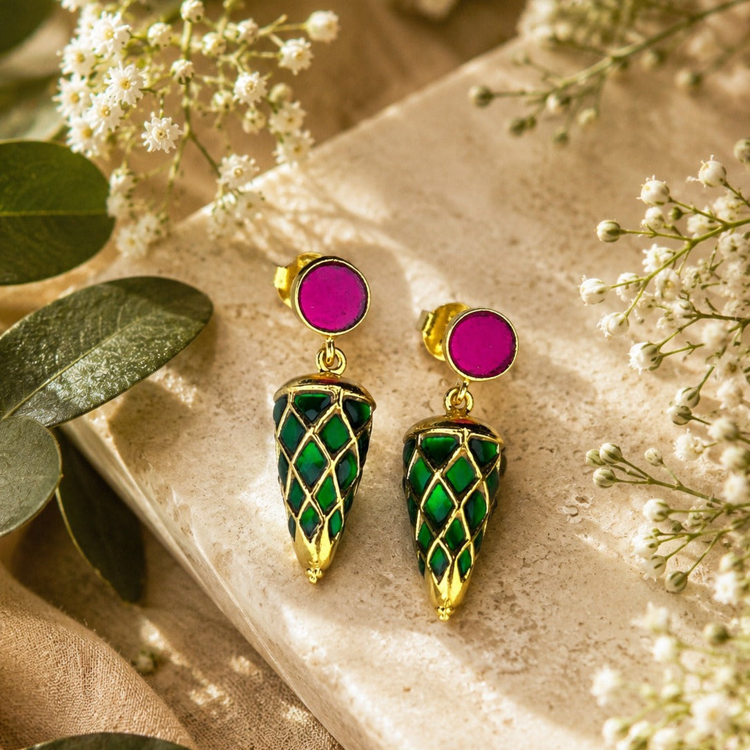 925 Silver Green Enamel Cone Drop Earrings with Pink Round Stone