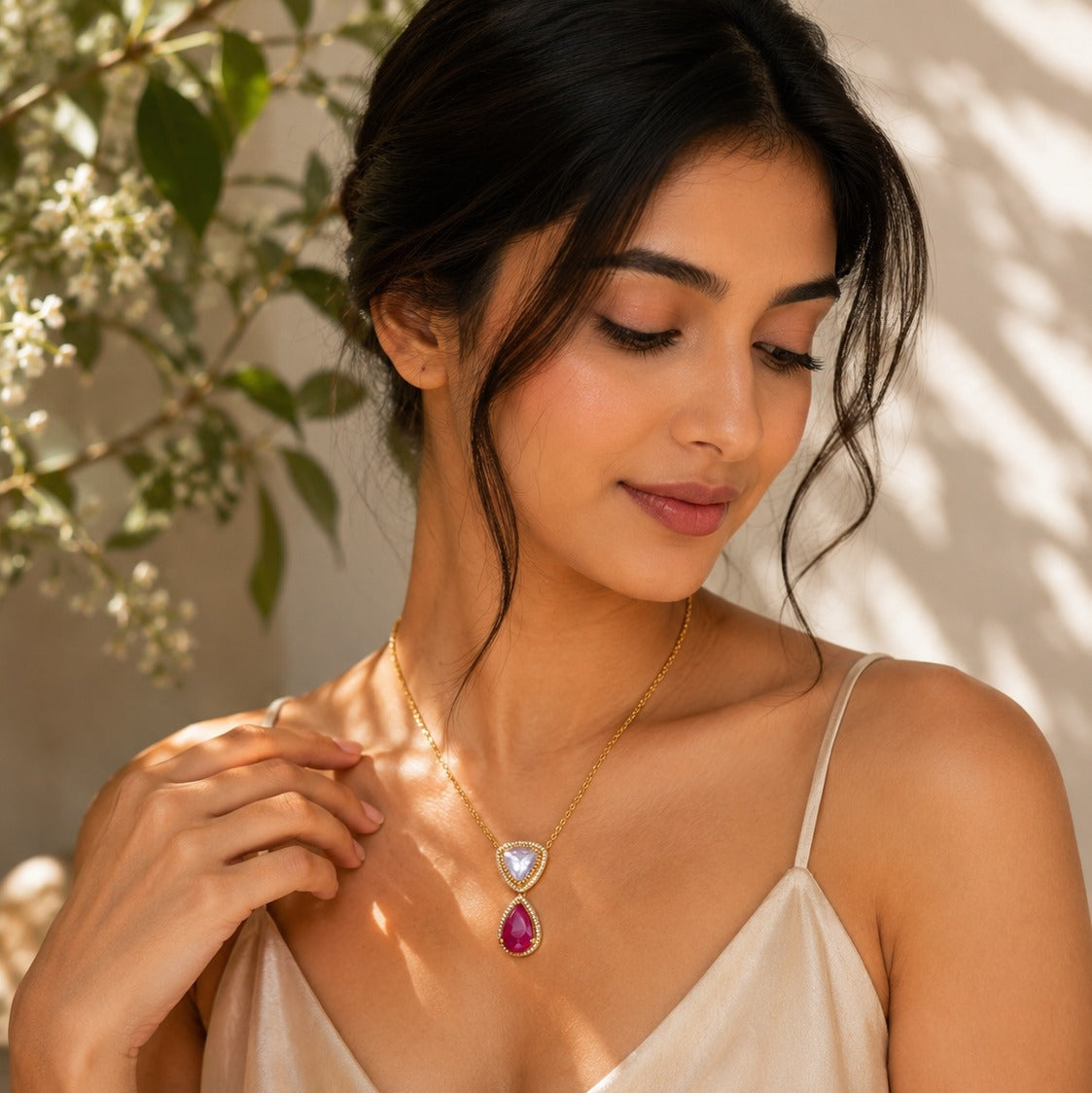 Pink Pear & White Trillion CZ Gold-Plated Silver Pendant for Women