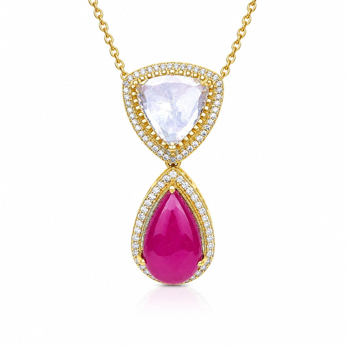Pink Pear & White Trillion CZ Gold-Plated Silver Pendant for Women