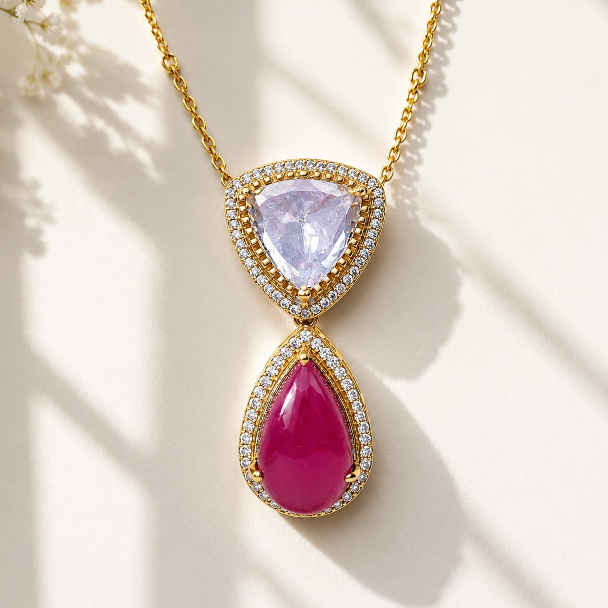 Pink Pear & White Trillion CZ Gold-Plated Silver Pendant for Women
