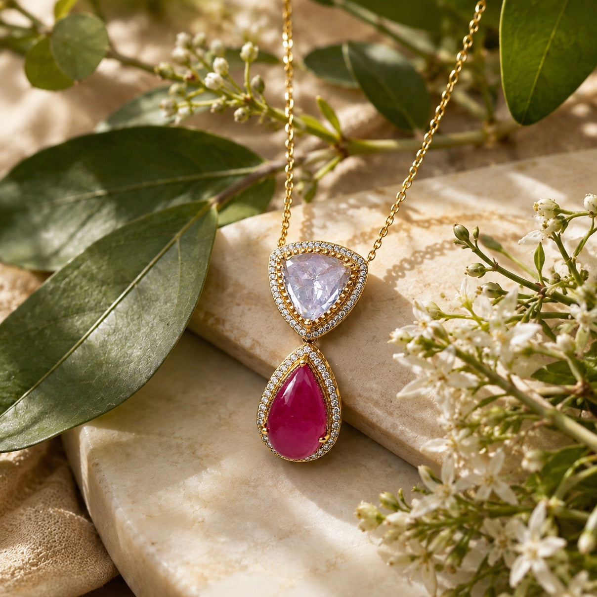 Pink Pear & White Trillion CZ Gold-Plated Silver Pendant for Women