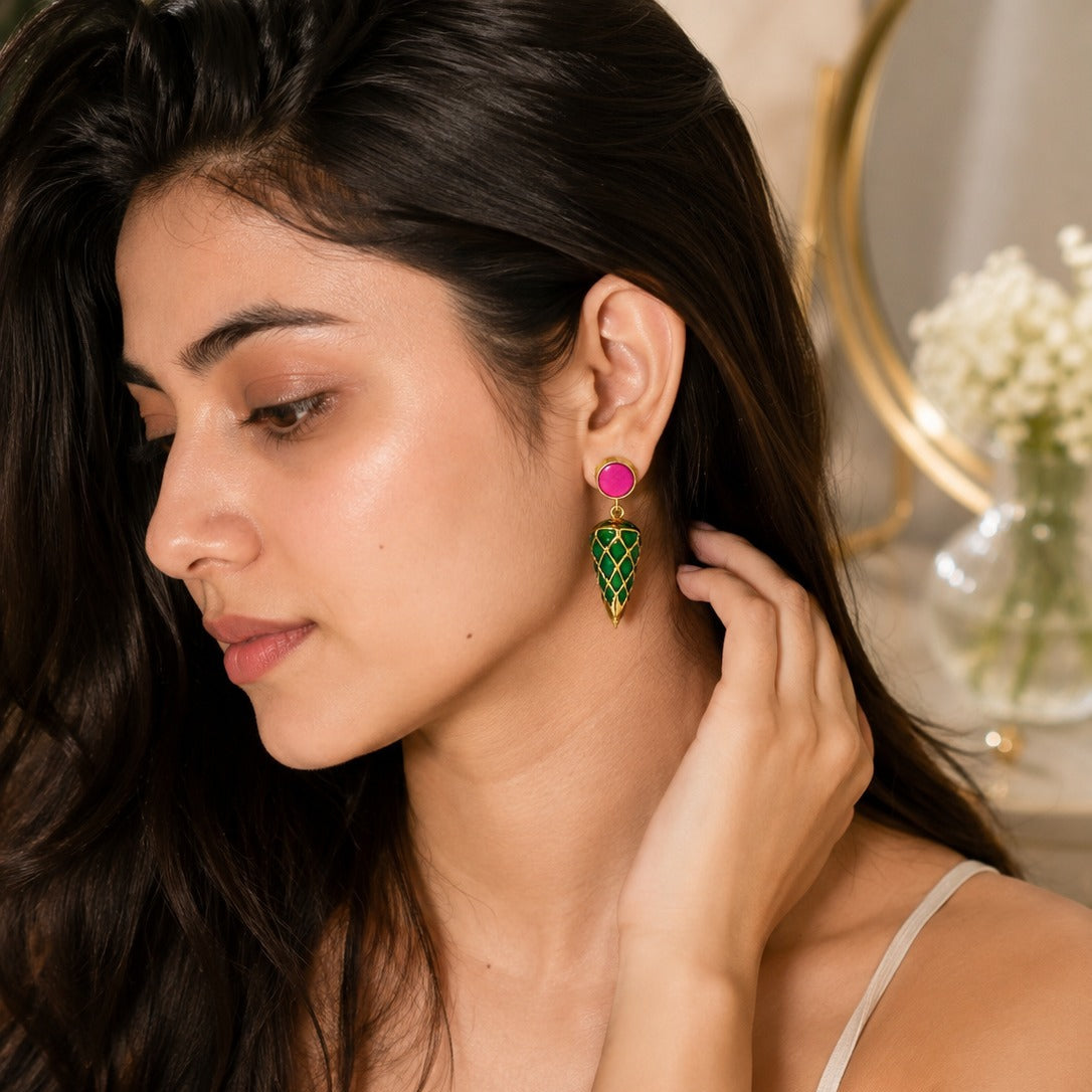 925 Silver Green Enamel Cone Drop Earrings with Pink Round Stone