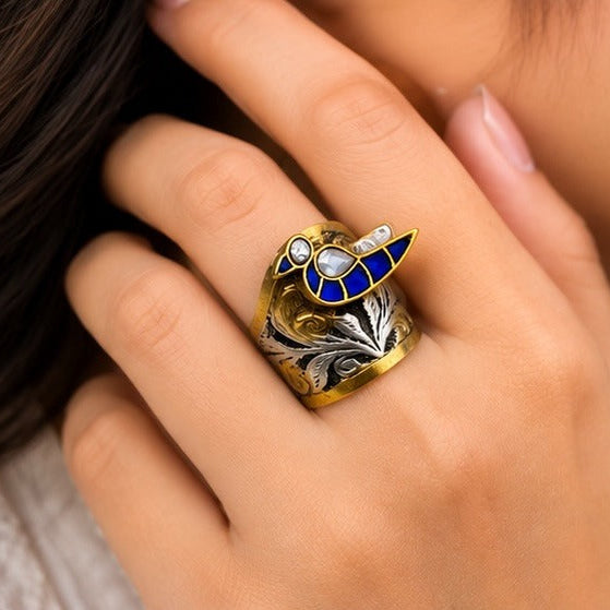 925 Silver Blue Enamel Bird Ring for Women