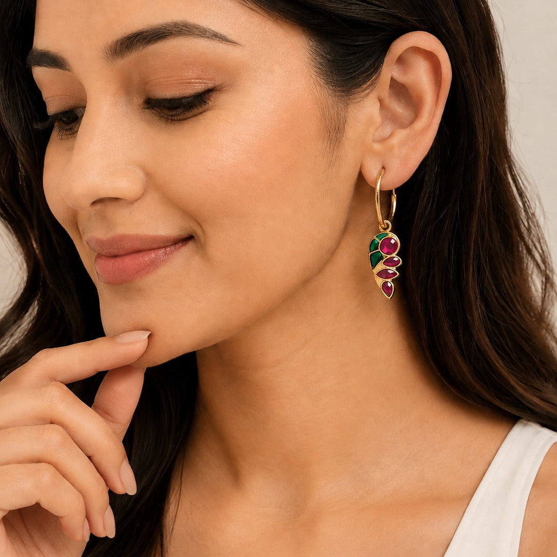 925 Silver Dual-Tone Leaf Hoop Earrings for Women