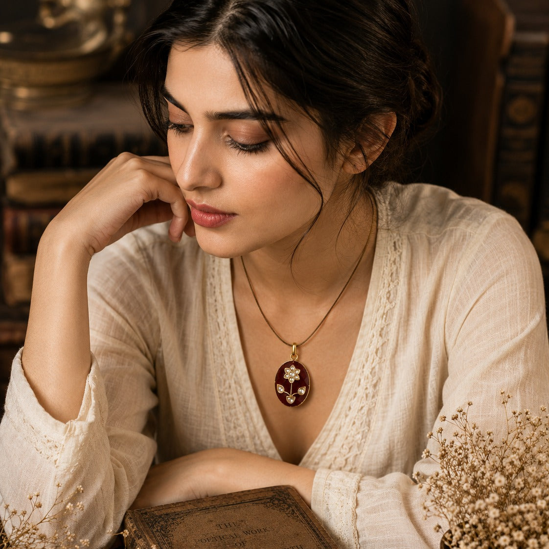 925 Silver Red Oval Floral Pendant for Women